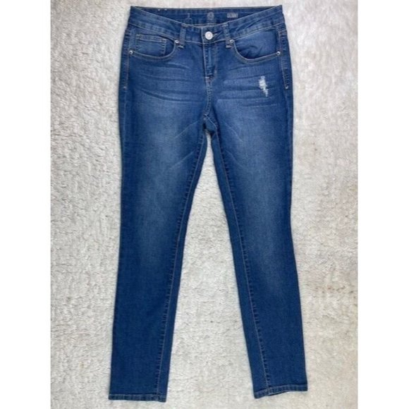 SO Size 9 Womens Jeans Lw Rise Skinny Stretch Med Wash Distress - Picture 1 of 3